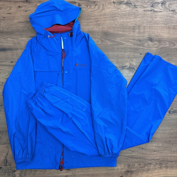 Vintage Columbia Sportswear Mens XS Blue Hooded Rain Jacket Pants Waterproof PVC